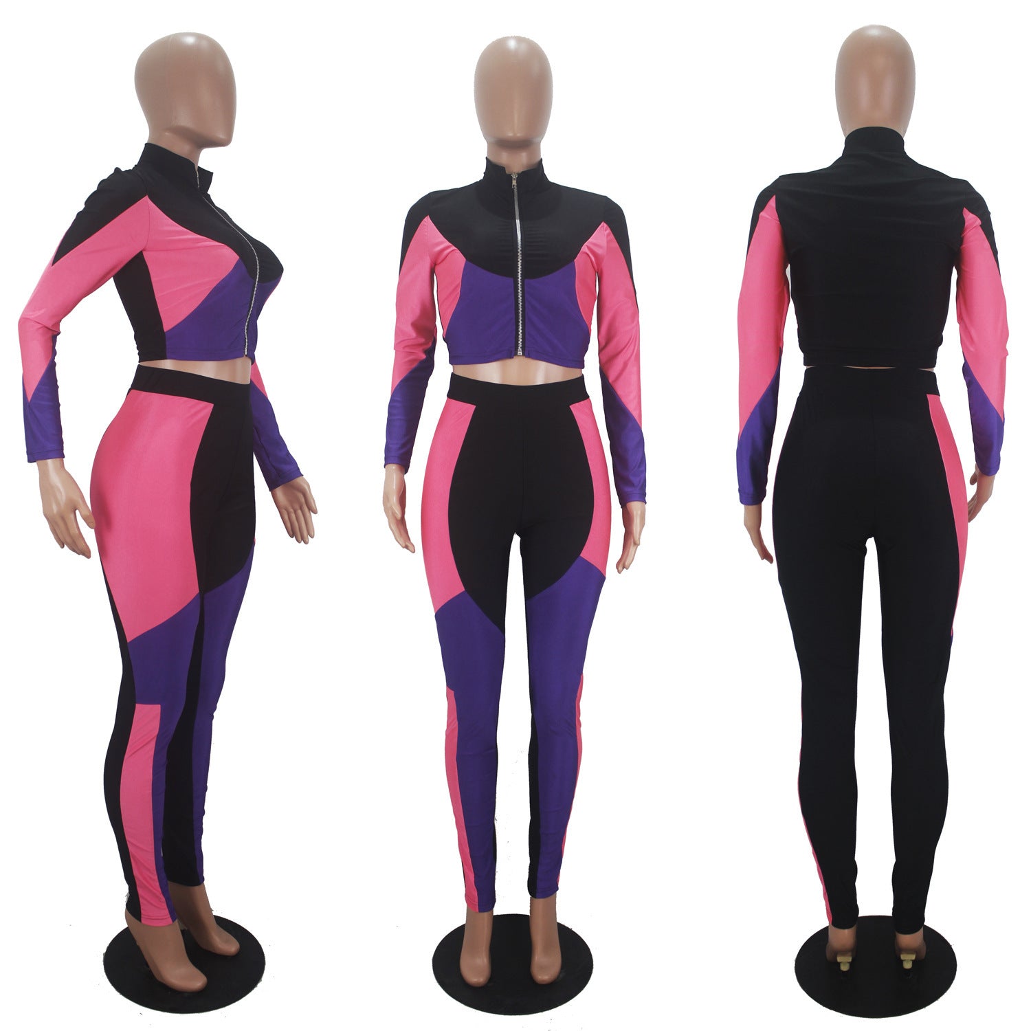 Women's Three-color Stitching Long-sleeved Sports Two-piece Suit