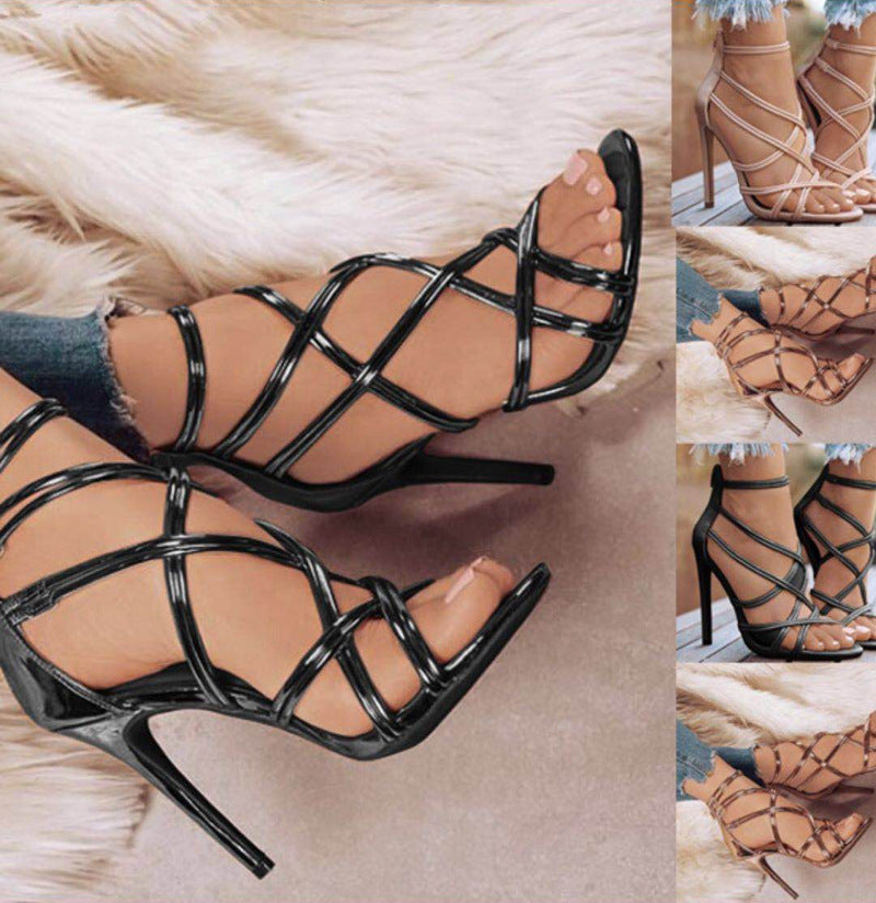Fish mouth cutout cross strap high heel sandals
