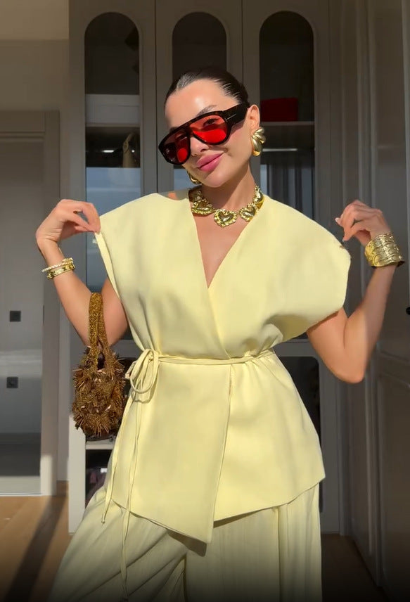 Elegant Solid Color Vest Lace-up Waist-controlled Top Trousers