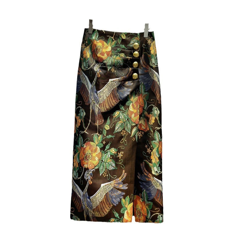 Women's Printed Gold Button Hem Slit High Waisted Skirt
