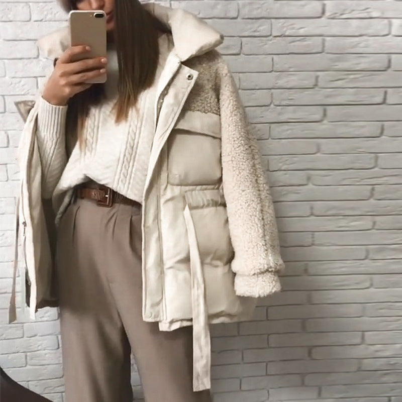 Belt stitching thick warm jacket fashion all-match casual coat