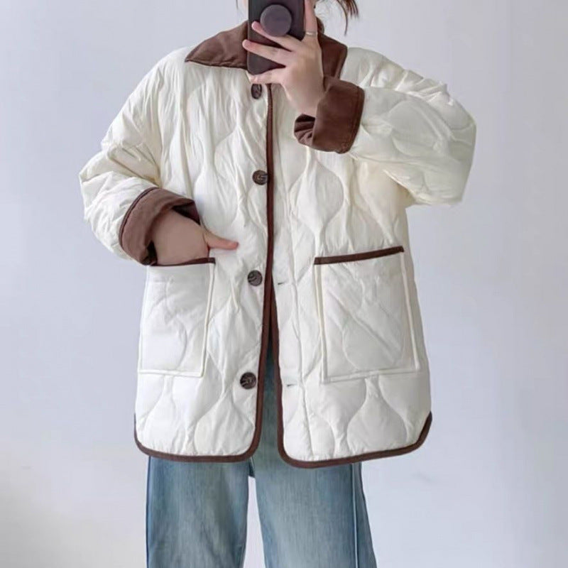 Design Lapel Hit Color Diamond Lattice Winter Coat