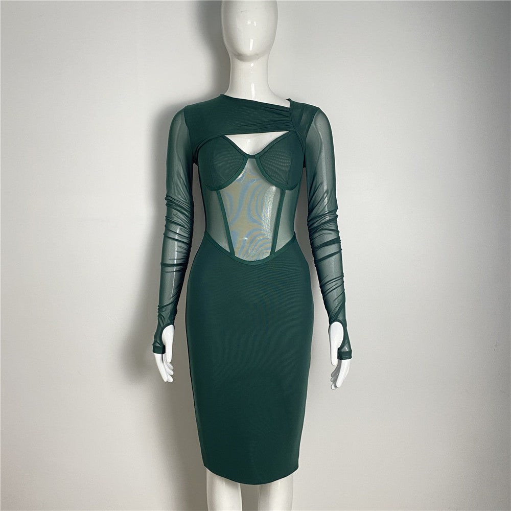 Mesh Long Sleeve Pleated Skinny Hip Skirt Dress