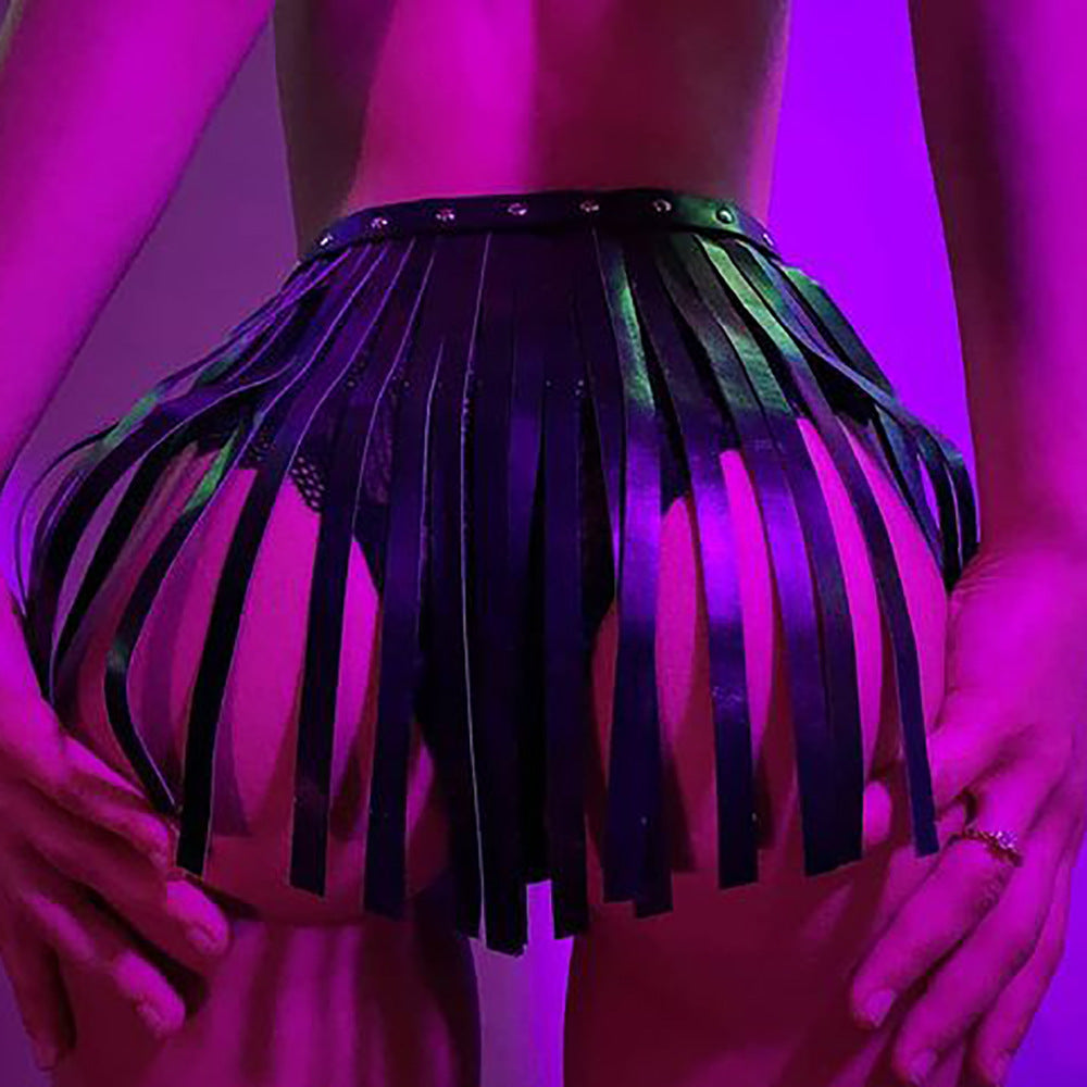 Women's Black Leather Belt Fringe Skirt