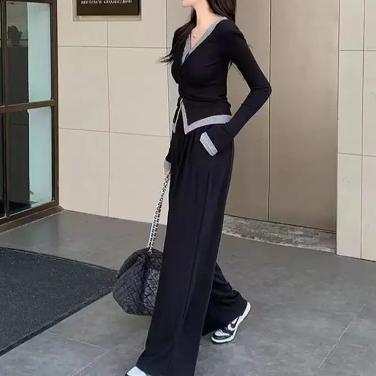 Plus Size Women's Fake Two-piece Top High Waist Wide Leg Pants Two-piece Set