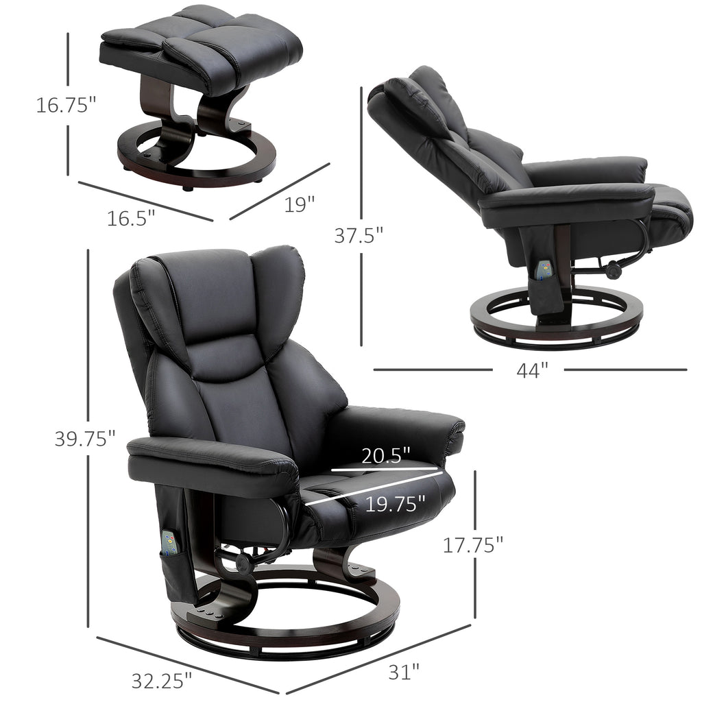 Massage Recliner Chair with Ottoman Footrest, 10 Vibration Points, 360° Swivel Reclining Chair, Faux Leather Living Room Chair with Side Pocket and Remote Control, Black