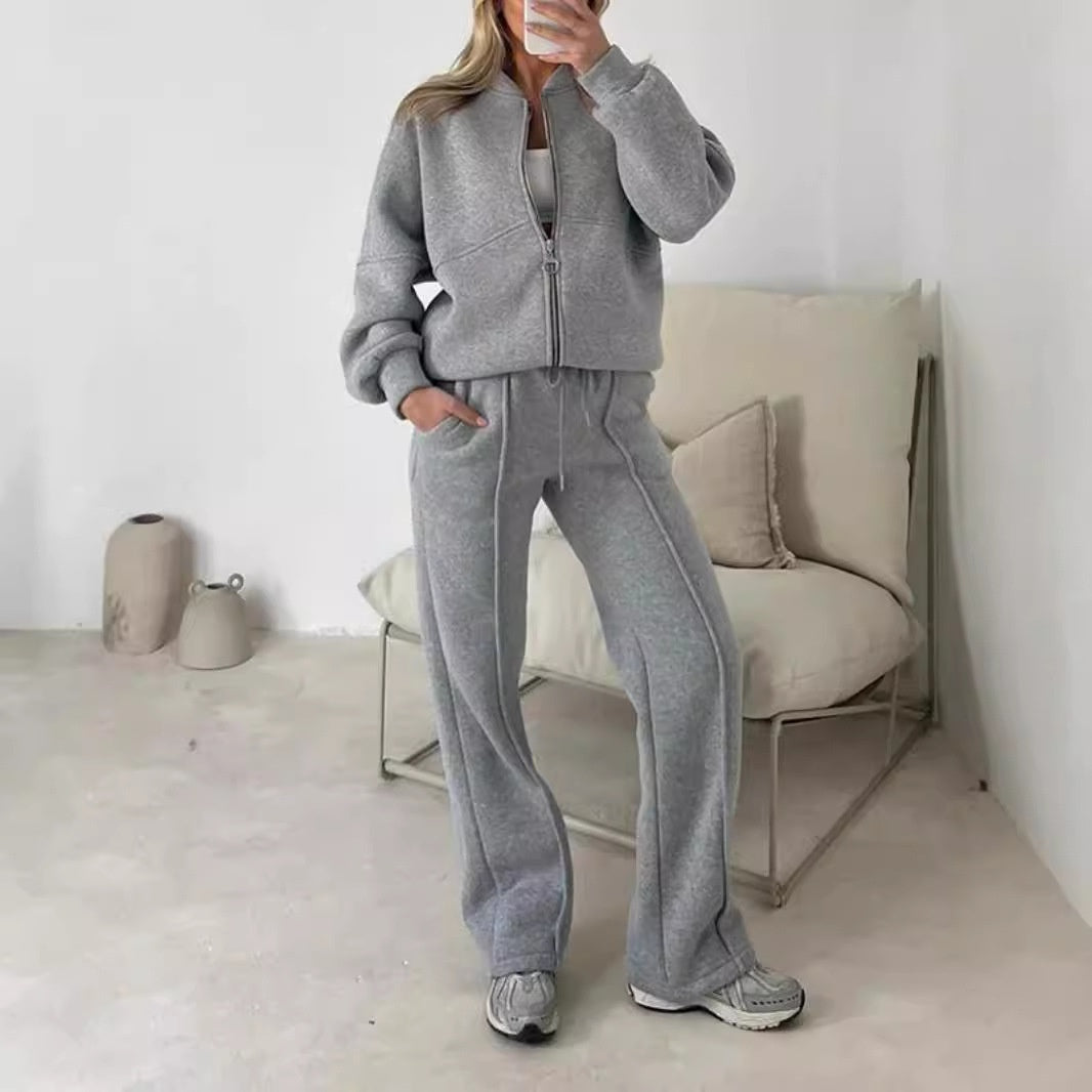 Fashion Casual Solid Color Long-sleeved Sweater Zipper Trousers Two-piece Set