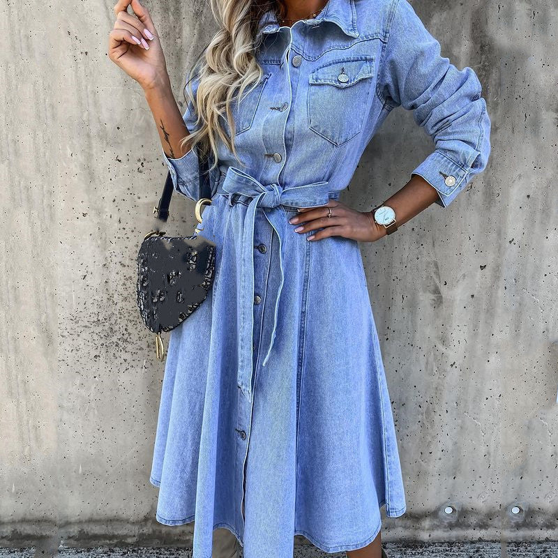Single Breasted Denim Dress Without Sleeve Length And Lace Up