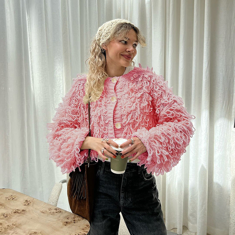 Womens Fashion Knitted Tassel-Trimmed Button-Up Sweater Coat