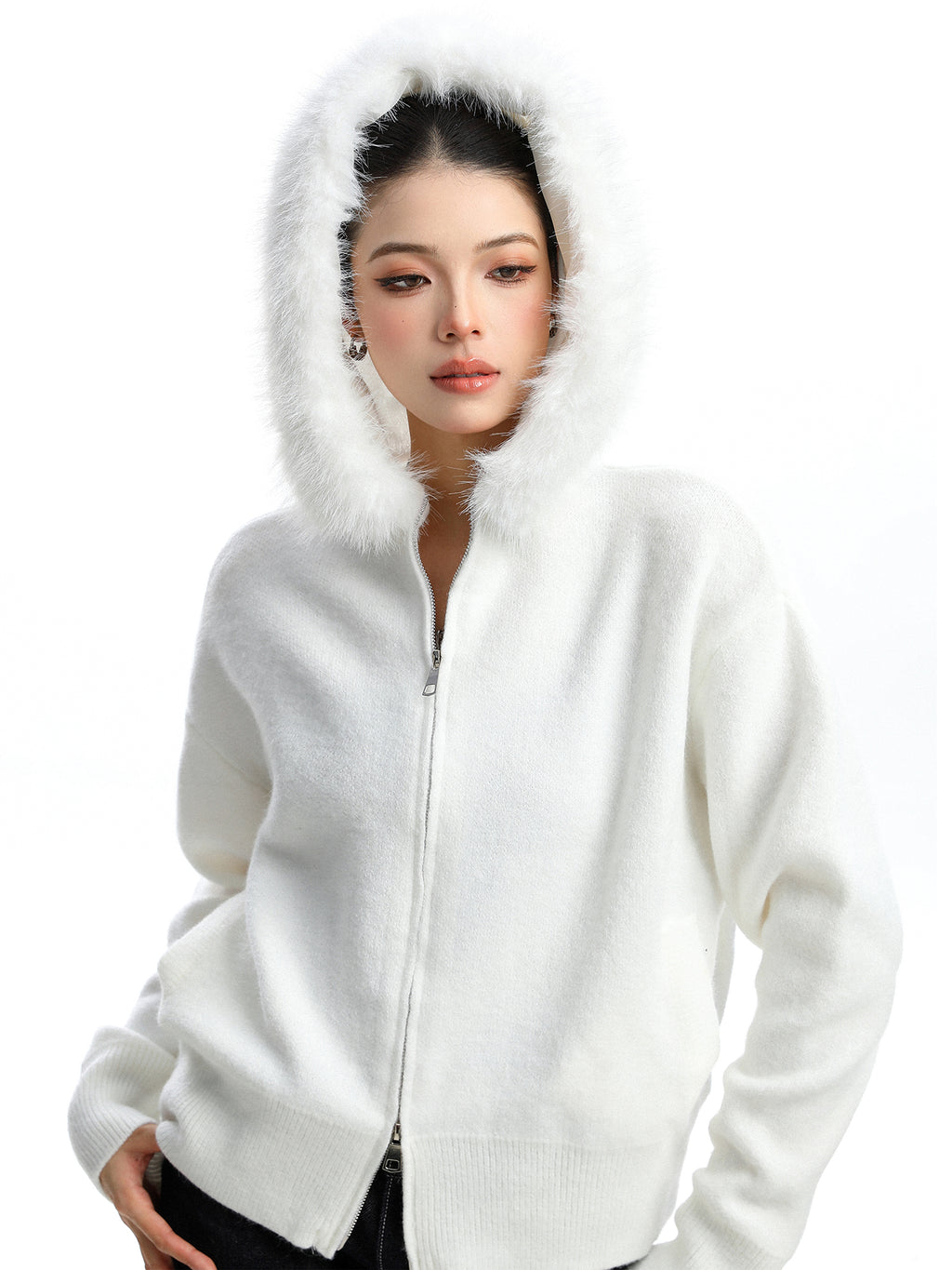 Women's Zipper Cardigan Beige Fur Collar Hood Coat