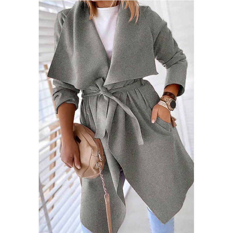 Lapel solid color long trench coat