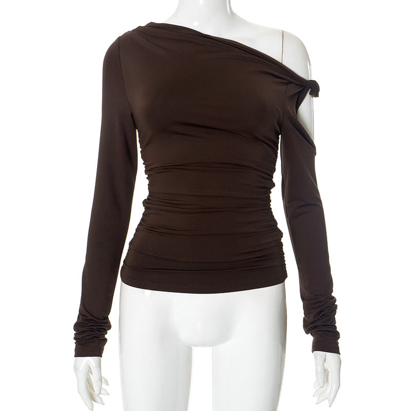 Diagonal Collar Pleated Asymmetric Long-sleeved Top