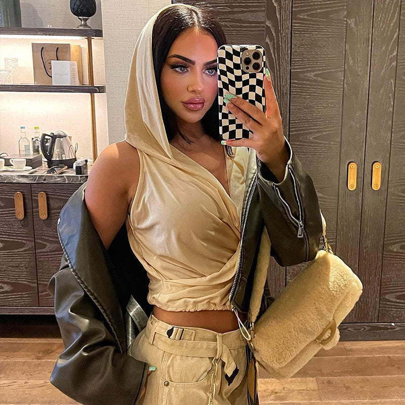 Sleeveless Hooded Drawstring Deep V-neck Slim-fit Top