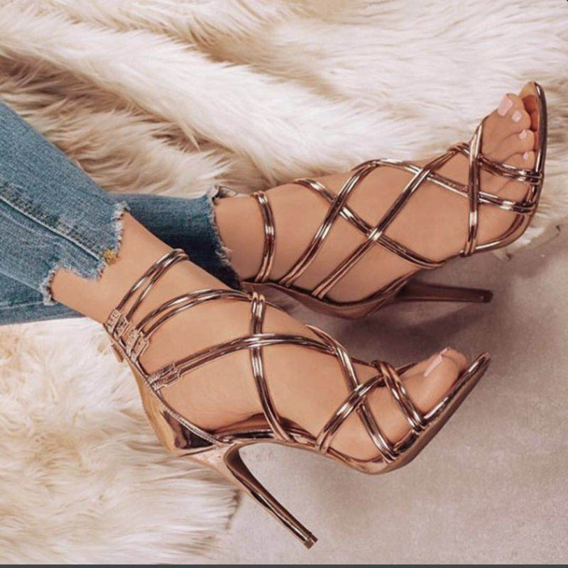 Fish mouth cutout cross strap high heel sandals