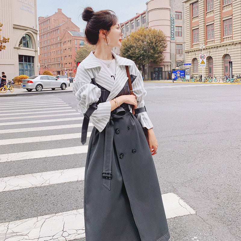 Striped Stitching Mid-length Windbreaker Women