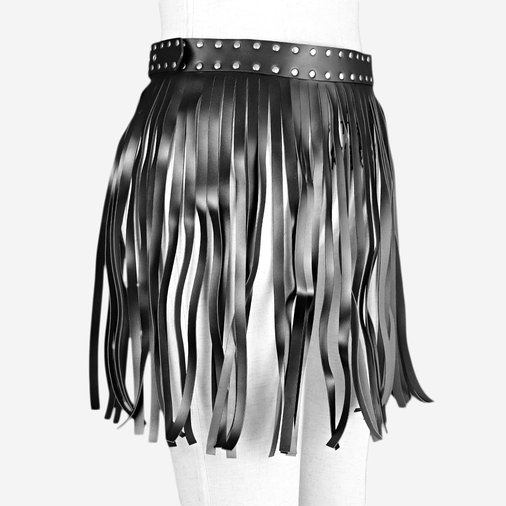 Women's Black Leather Belt Fringe Skirt