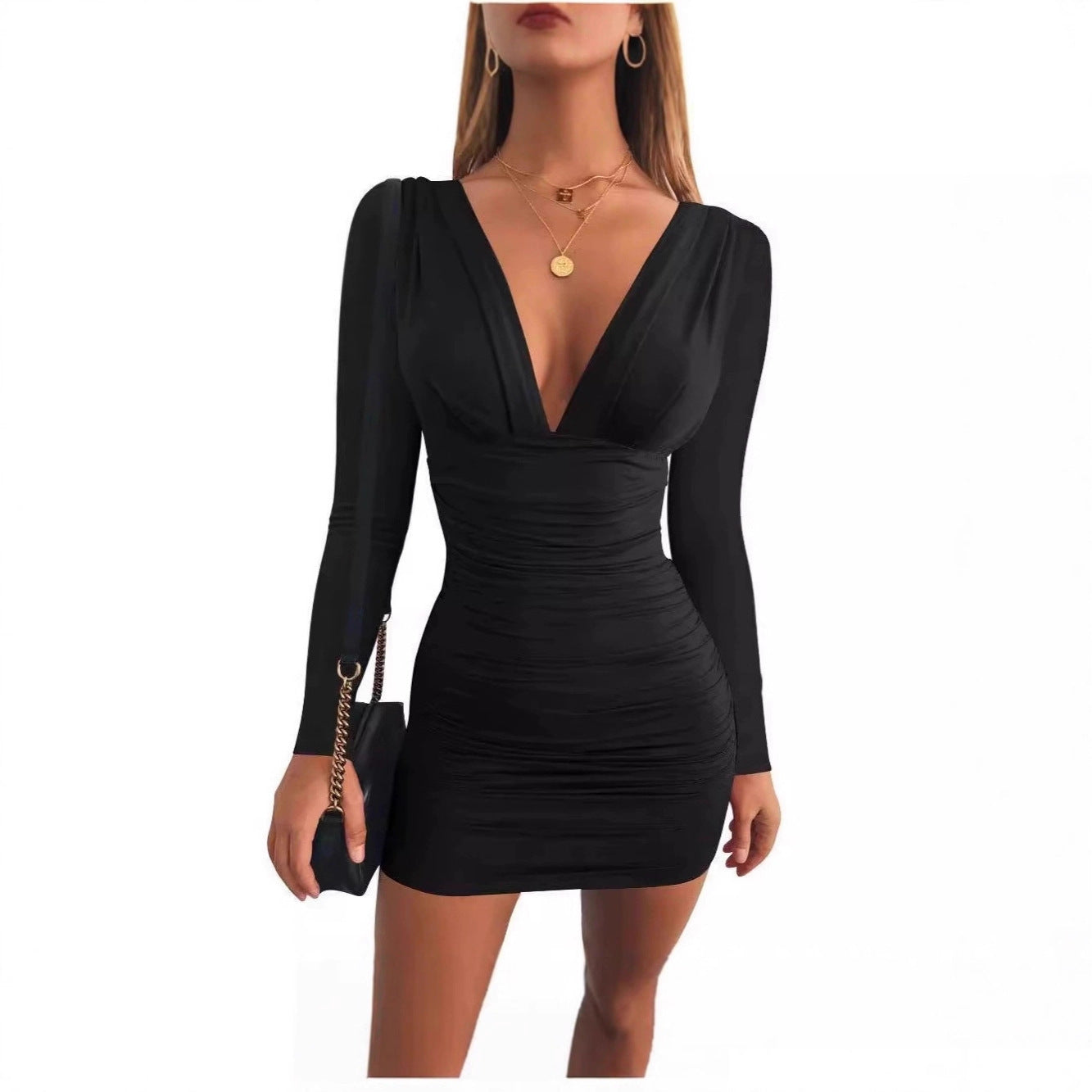 New V-neck Long Sleeve High Waist Sheath Dress For Women
