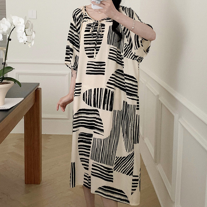 Women's Printed Cotton Nightdress Striped Plus Size Pajamas