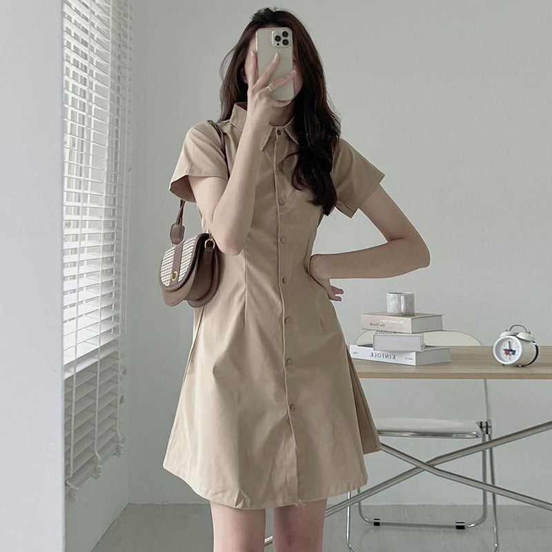 Single Breasted Waist Closing Thin Short Sleeved Shirt Small Dress
