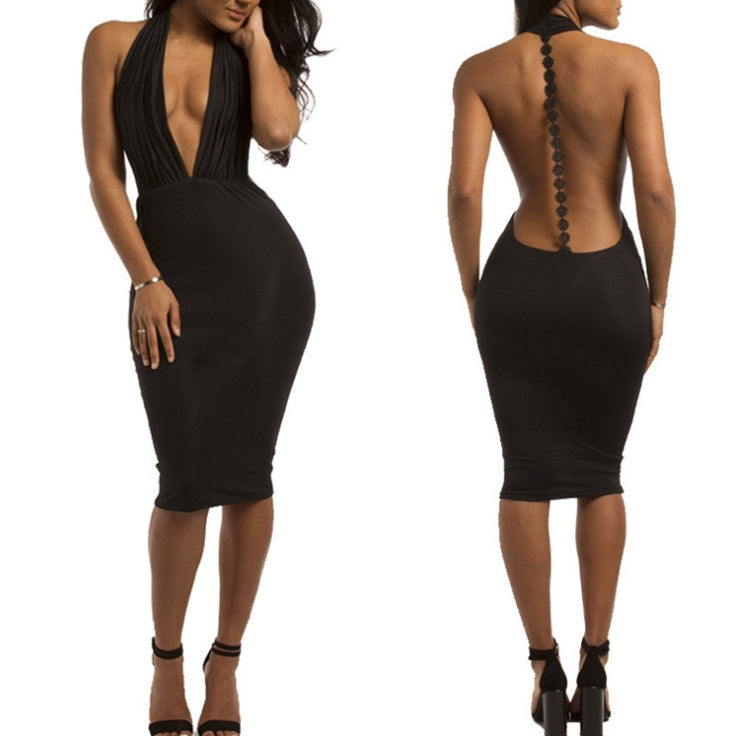 Sexy leaky back hanging neck deep V bag hip tight dress long skirt
