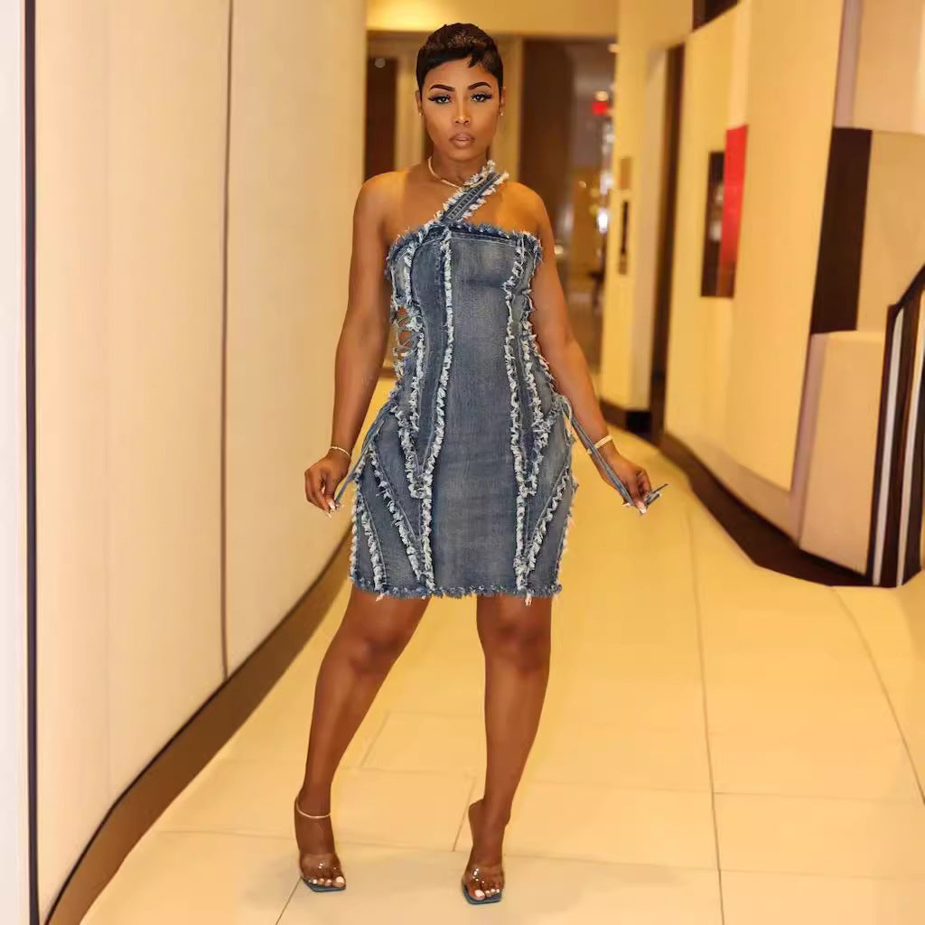 European And American Fashion Suspenders Elastic Denim Stitching Dress