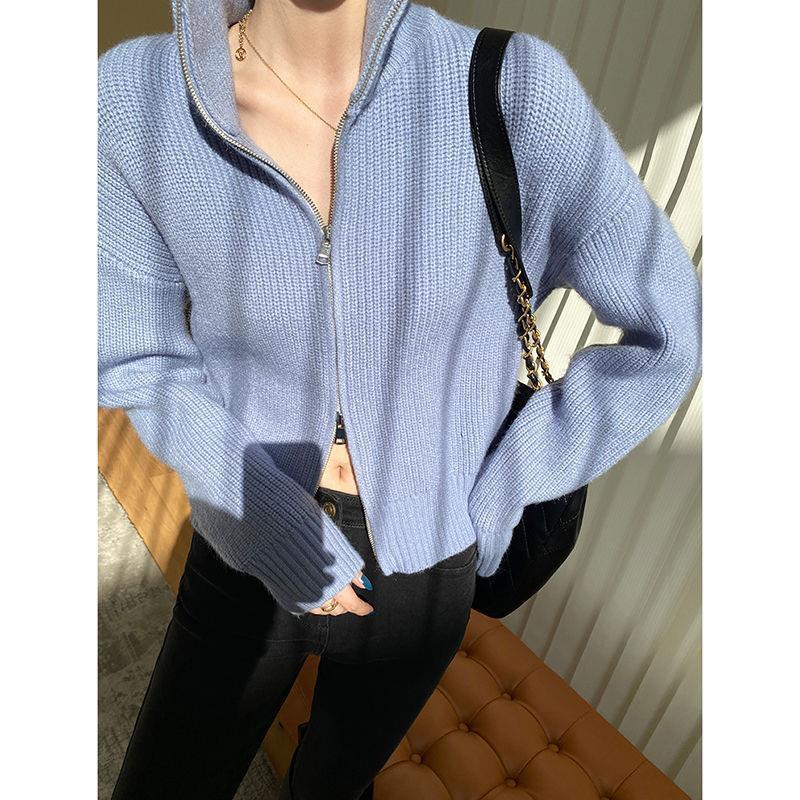 Sweater Small Cardigan Women's Short Preppy Style Stand Collar Zipper Sweater Spring And Autumn Thin Sweater