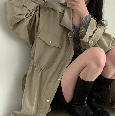 Chic Autumn Idle Style Mid-length Loose Single-breasted Lapel Overall Trench Coat