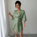 High-end Simple Style Deep V Waist Wide Sleeve Hip Skirt Dress