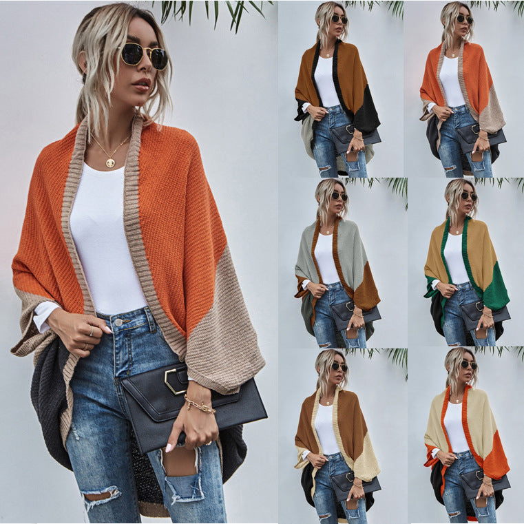 Autumn And Winter New Color Matching Knitted Cardigan Sweater Coat