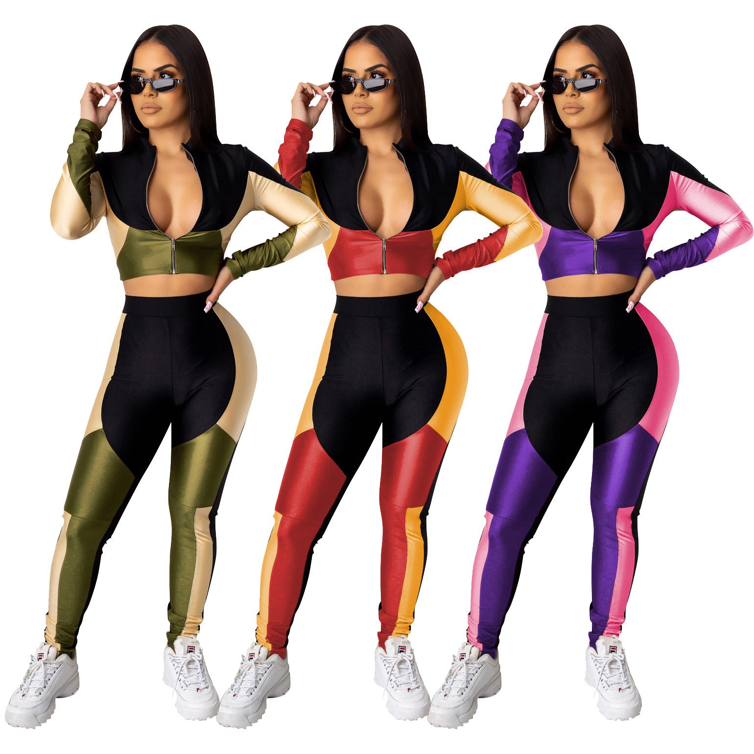 Women's Three-color Stitching Long-sleeved Sports Two-piece Suit