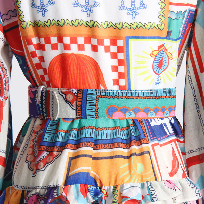 Retro Printing Lapel Single-breasted Waist Slimming Dress