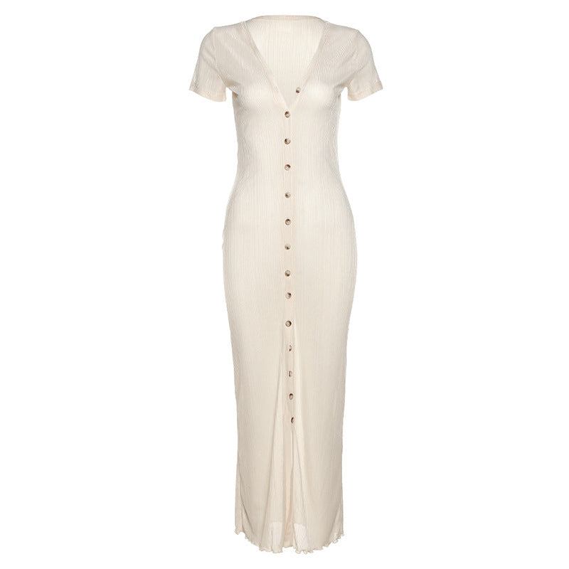 Women's Fashion Short Sleeve V Neck Single Breasted Slim Dress