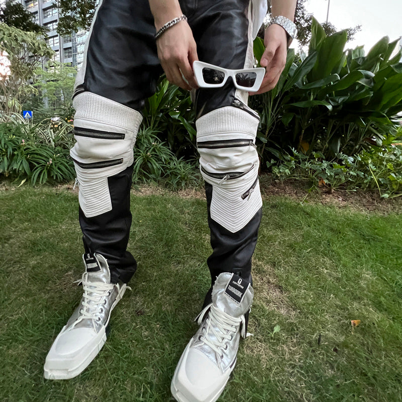 Tide Niche Casual Zipper Sheepskin Leather Slim Fit Pants Men Skinny Avant Garde Trousers