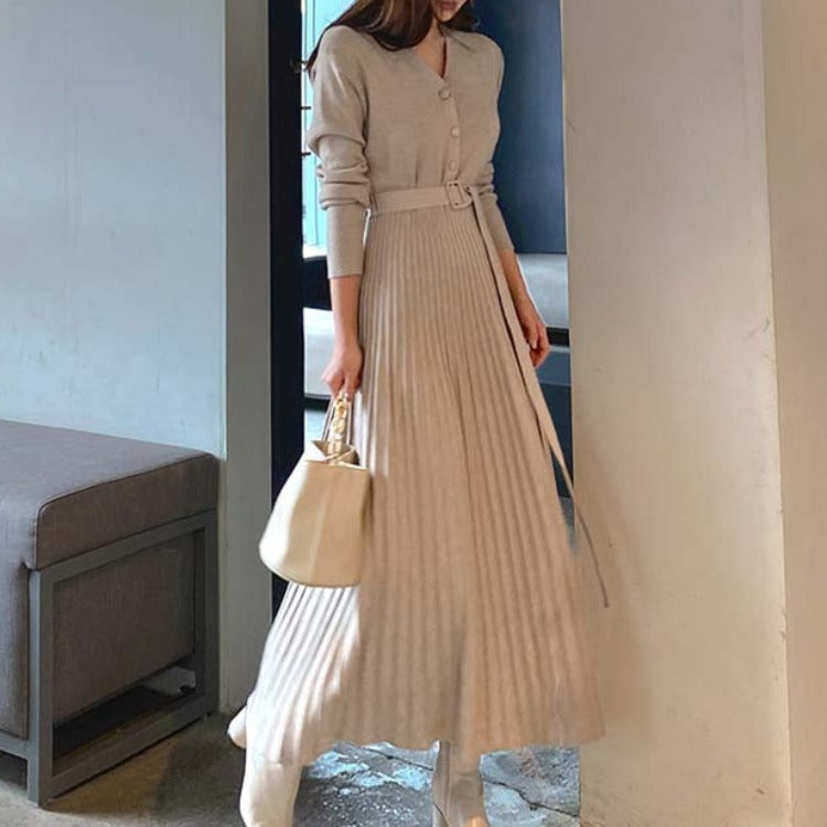 Knitted Dress New Temperament V-neck Mid-length Pleated Skirt