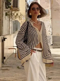 Women's Round Neck Striped Slit Long Sleeve Shirt
