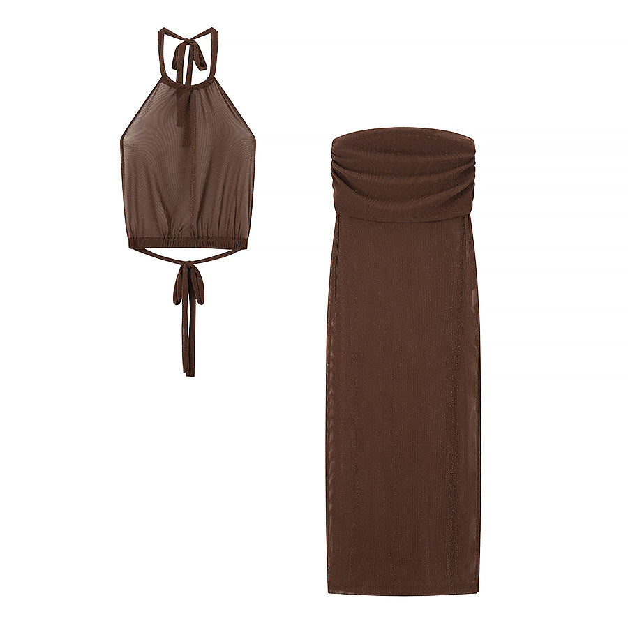 Womens Midriff-Baring Tank Top And Sheath Maxi Dress Set