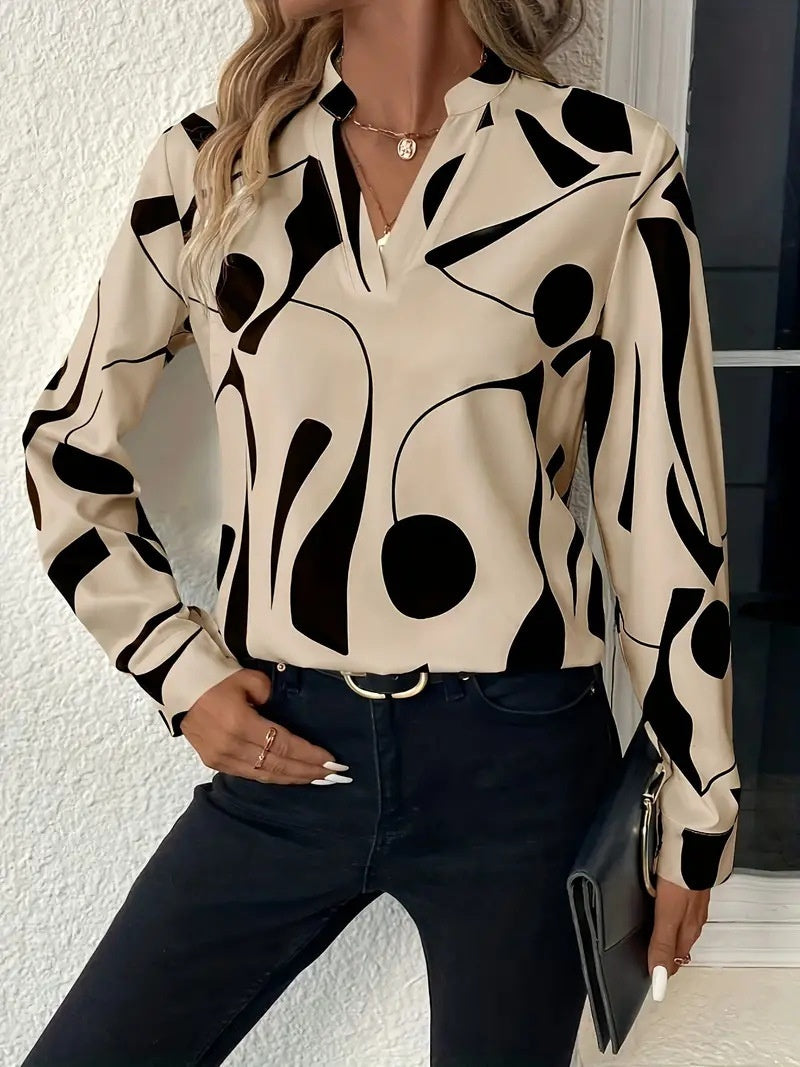 Women's Printed Notched Collar Shirt Long Sleeve