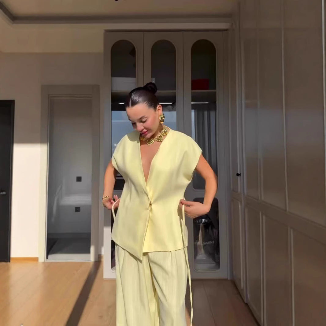 Elegant Solid Color Vest Lace-up Waist-controlled Top Trousers