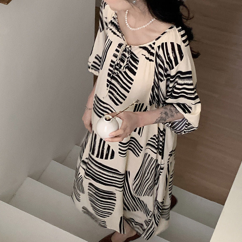 Women's Printed Cotton Nightdress Striped Plus Size Pajamas