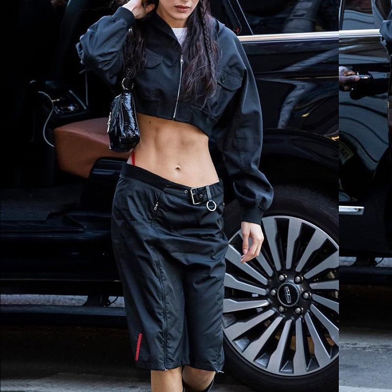 American Style Hooded Short Coat Women's Long Sleeve Zipper