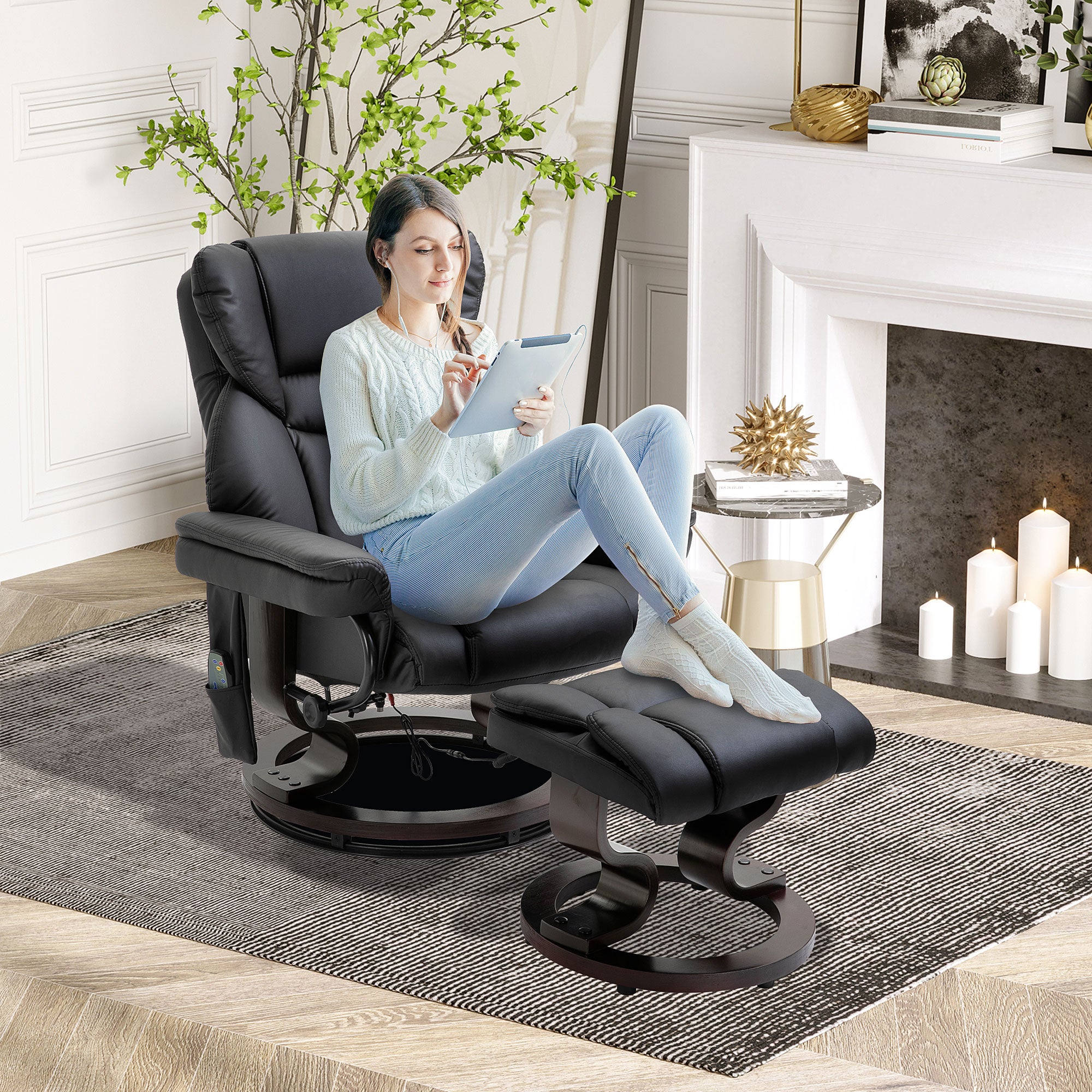 Massage Recliner Chair with Ottoman Footrest, 10 Vibration Points, 360° Swivel Reclining Chair, Faux Leather Living Room Chair with Side Pocket and Remote Control, Black
