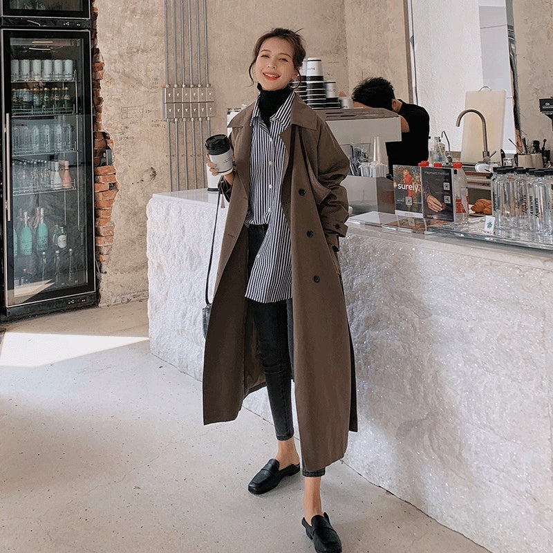 Suit Collar Double-breasted Long Trench Coat With Waist And Back Cross