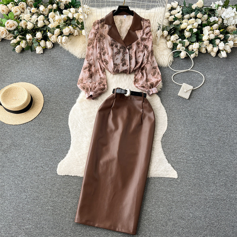 Suit Collar Floral Chiffon Shirt High Waist Tight PU Leather Half-body Skirt Set