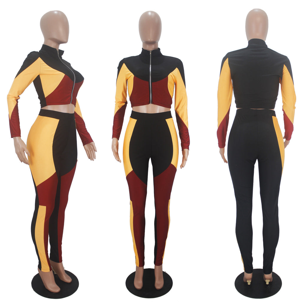 Women's Three-color Stitching Long-sleeved Sports Two-piece Suit