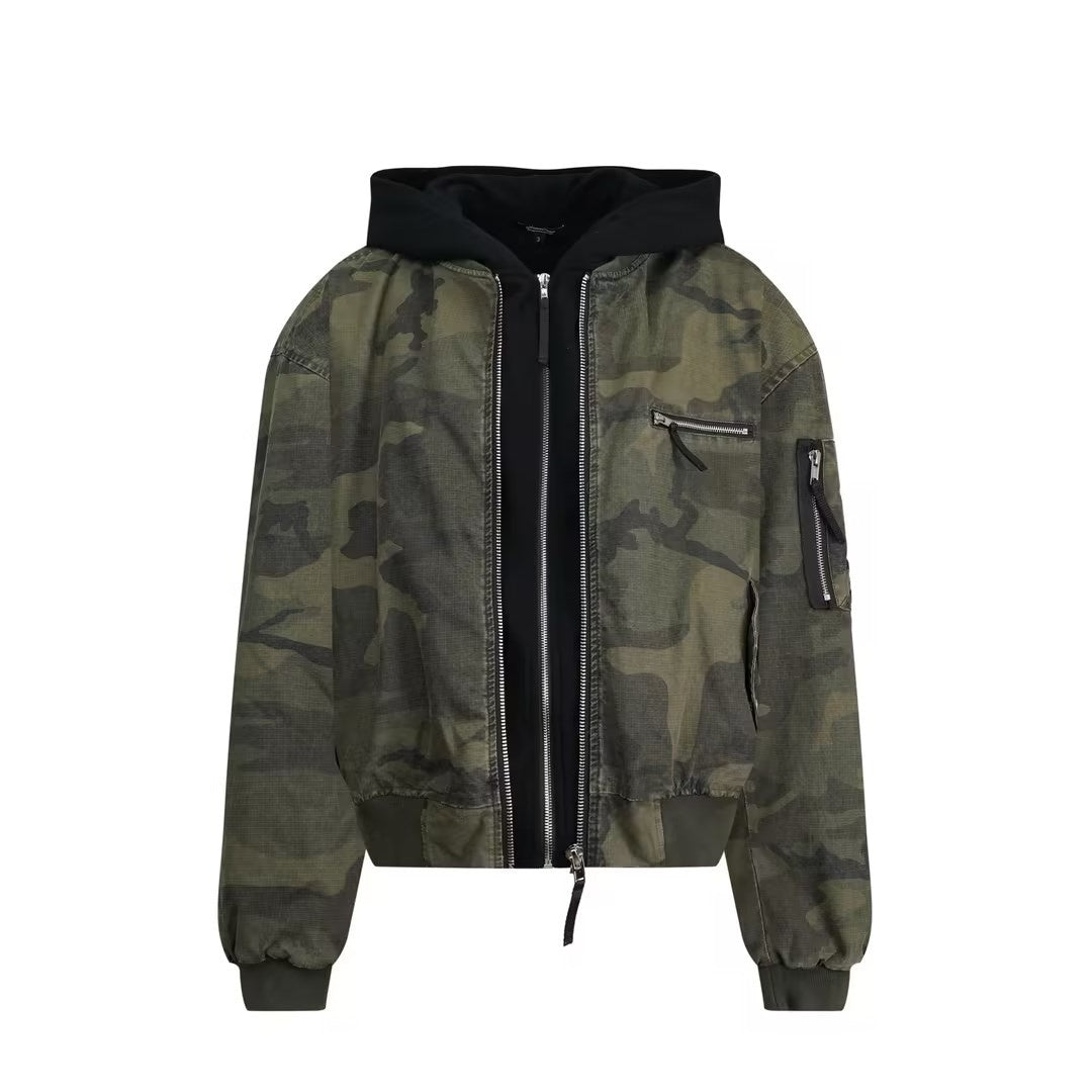 Leisure Washed-out Distressed Camouflage Fake Two-piece Cotton-padded Jacket