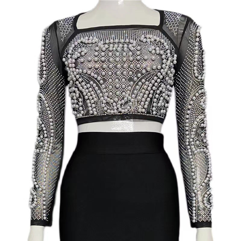Women's Square Collar Heavy Industry Beads Rhinestone Long Sleeve Two-piece Suit