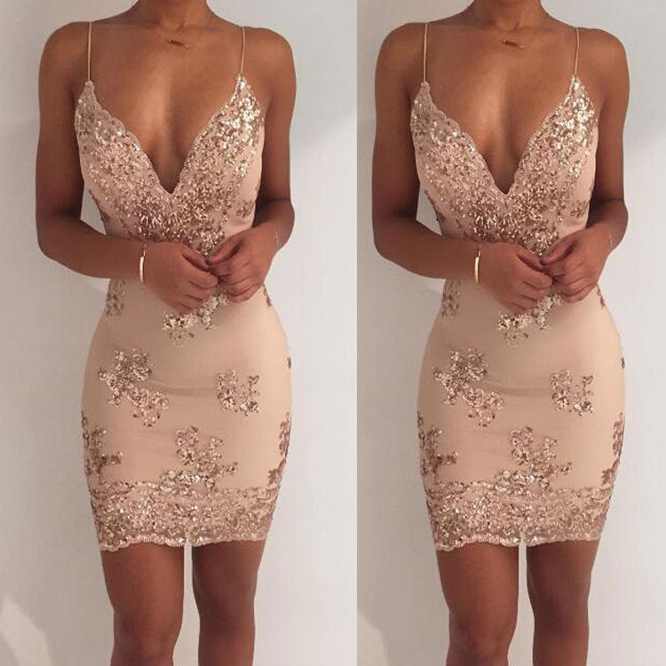 Summer sequins nightclub short skirt dress deep V-neck sexy halter strap dress