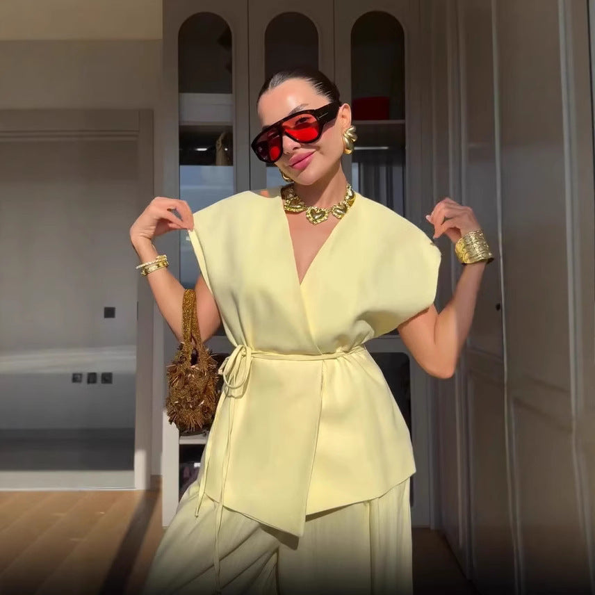 Elegant Solid Color Vest Lace-up Waist-controlled Top Trousers