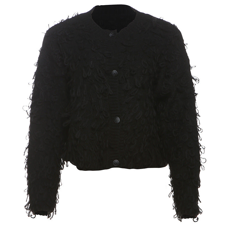 Womens Fashion Knitted Tassel-Trimmed Button-Up Sweater Coat