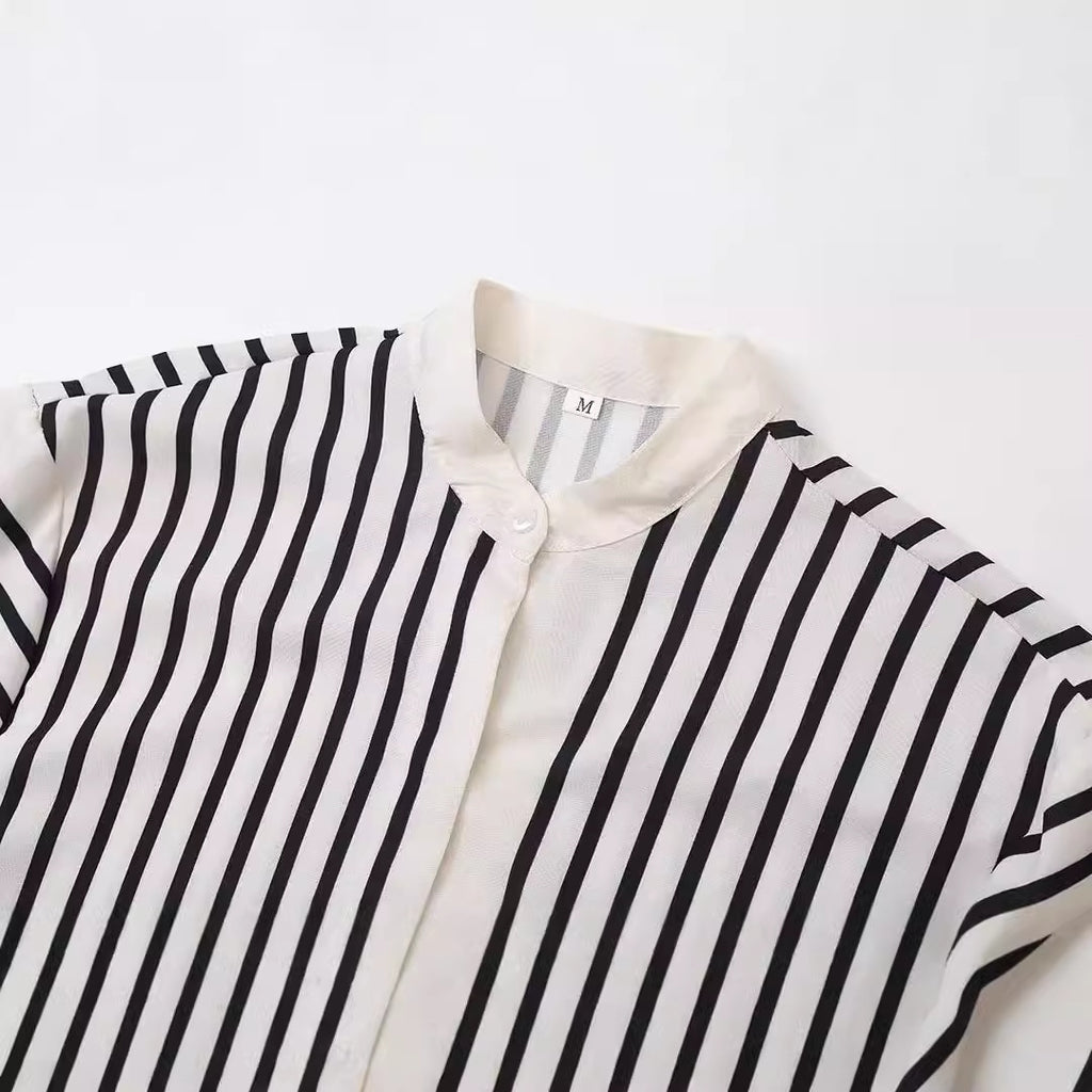 Women's Round Neck Striped Slit Long Sleeve Shirt